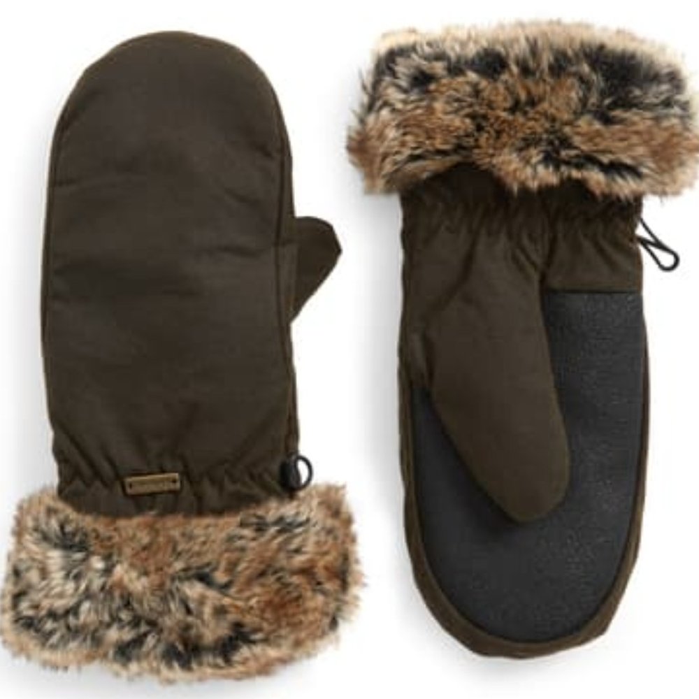 NWTs Barbour Waxed Mittens with Fur Trim